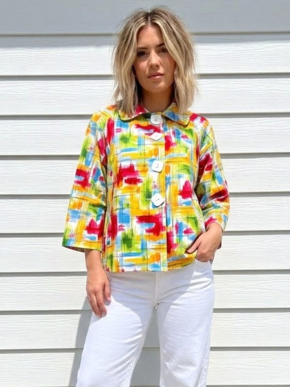 Mod Pop Art Women's Jacket Size Medium Button Up Abstract Print Prep Retro 60's